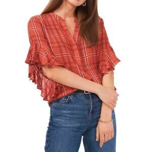 NWT Vince Camuto Jacquard Ruffle Sleeve Henley Top – Women’s XS, Apple Red